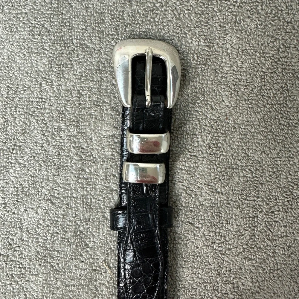 Mens Black Italian Calfskin Croc Embossed Western Ranger Belt Silver Hardware 42